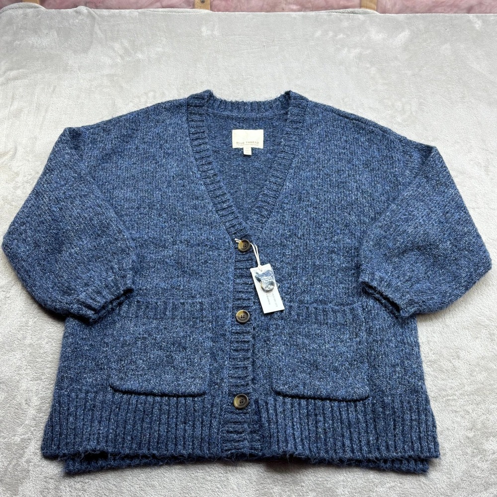 Blue Thread Cardigan Sweater Women L Blue Marled V-Neck Button Hyppe Cozycore